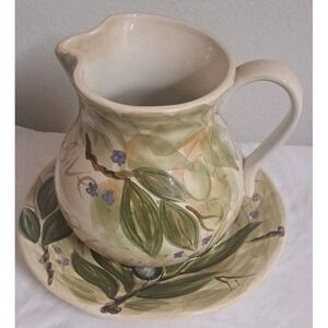 Tabletops Unlimited Vintage Olive Grove Pitcher & Plate Set Hand Painted Ceramic